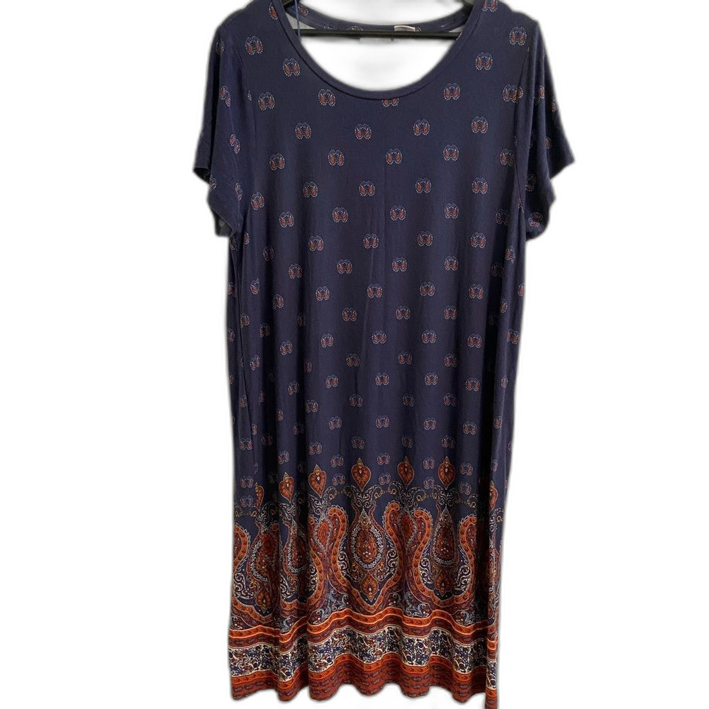 Lucky Brand XL Boho Dress Blue Paisley Peasant Midi Boho Hippie Jersey Knit OF-1
